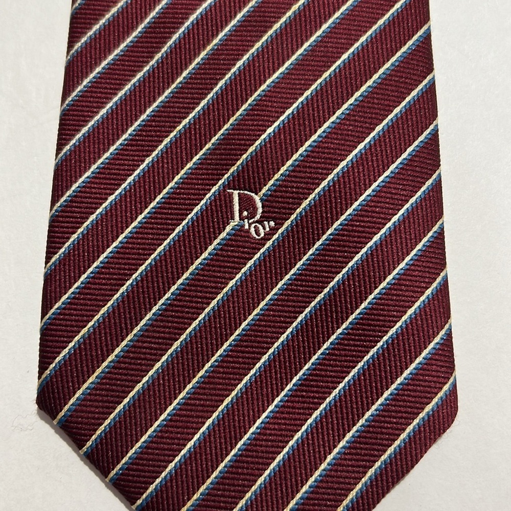 Christian Dior Burgundy, blue and White repp polyester/Silk Tie with Stripes - Picture 4 of 5